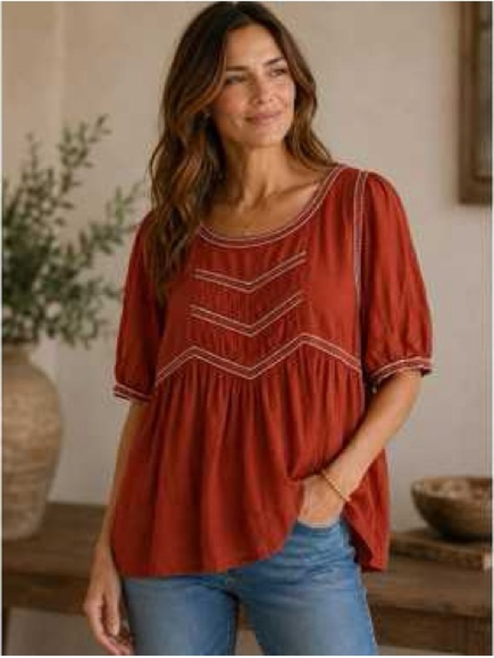 Sundance Rust orange Embroidered Peasant Blouse relaxed fit size medium